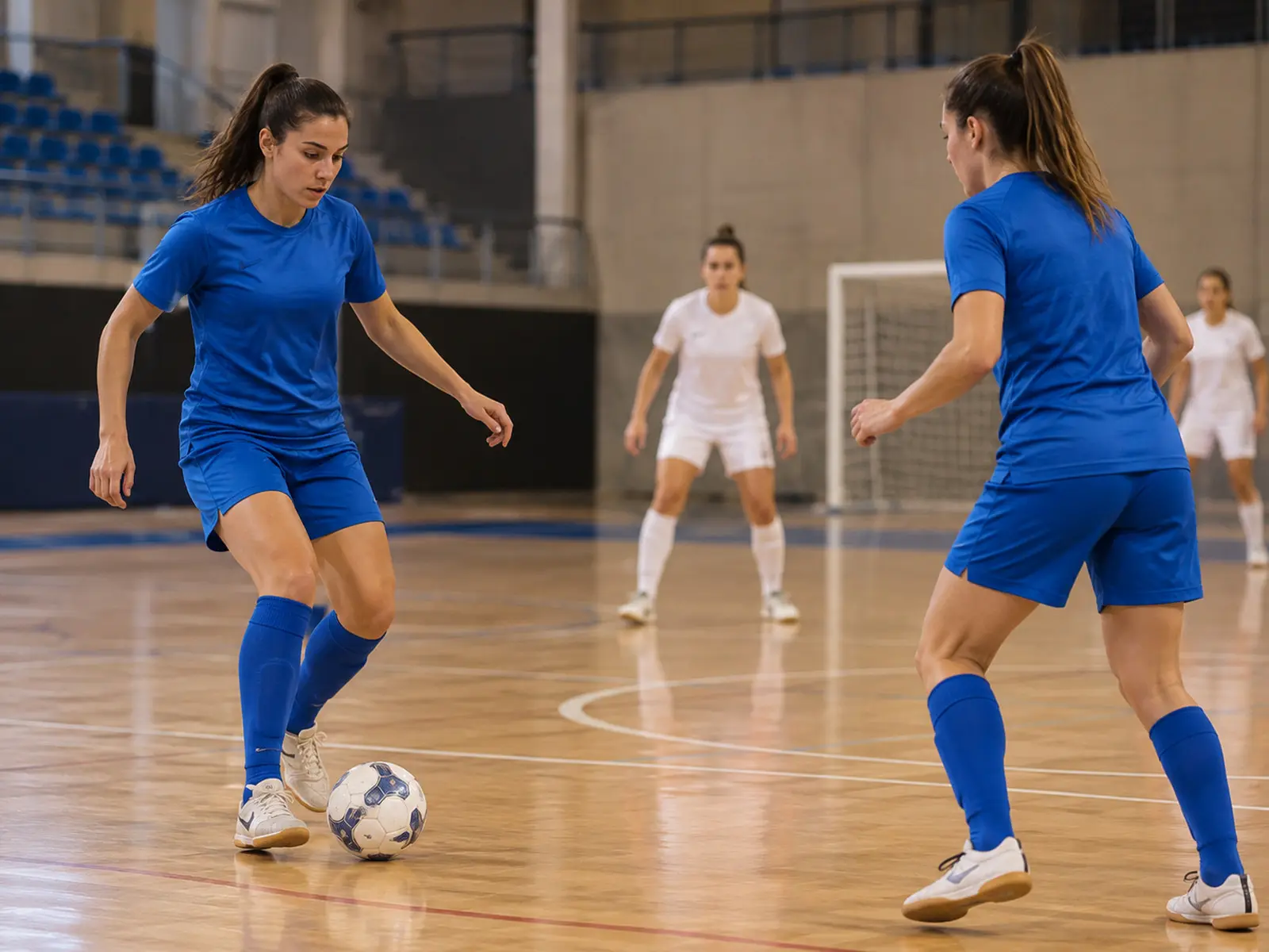 AI-generated editorial illustration of women playing futsal; not the reported match