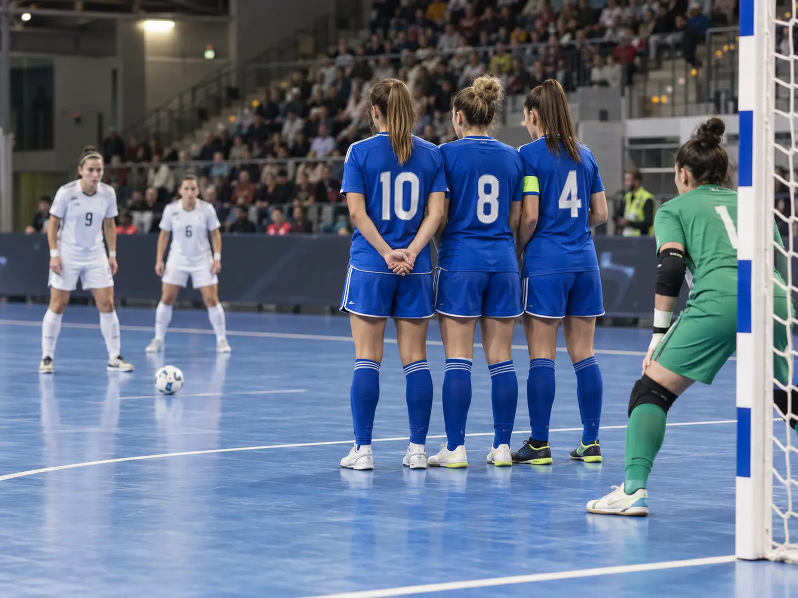 AI-generated editorial illustration of a women’s futsal free kick; not the reported match