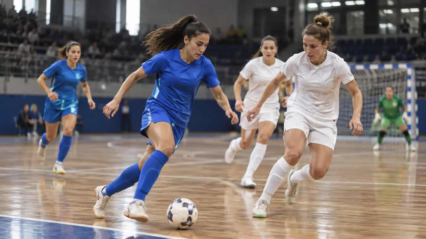 AI-generated editorial illustration of women’s futsal action; not a photograph of the Italy-Slovenia match