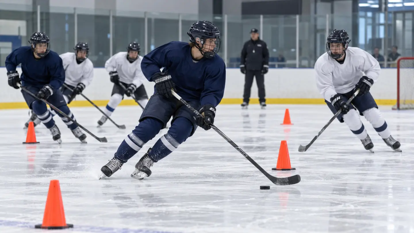 AI-generated editorial illustration of youth ice hockey training; not a photograph of the Great Britain squad