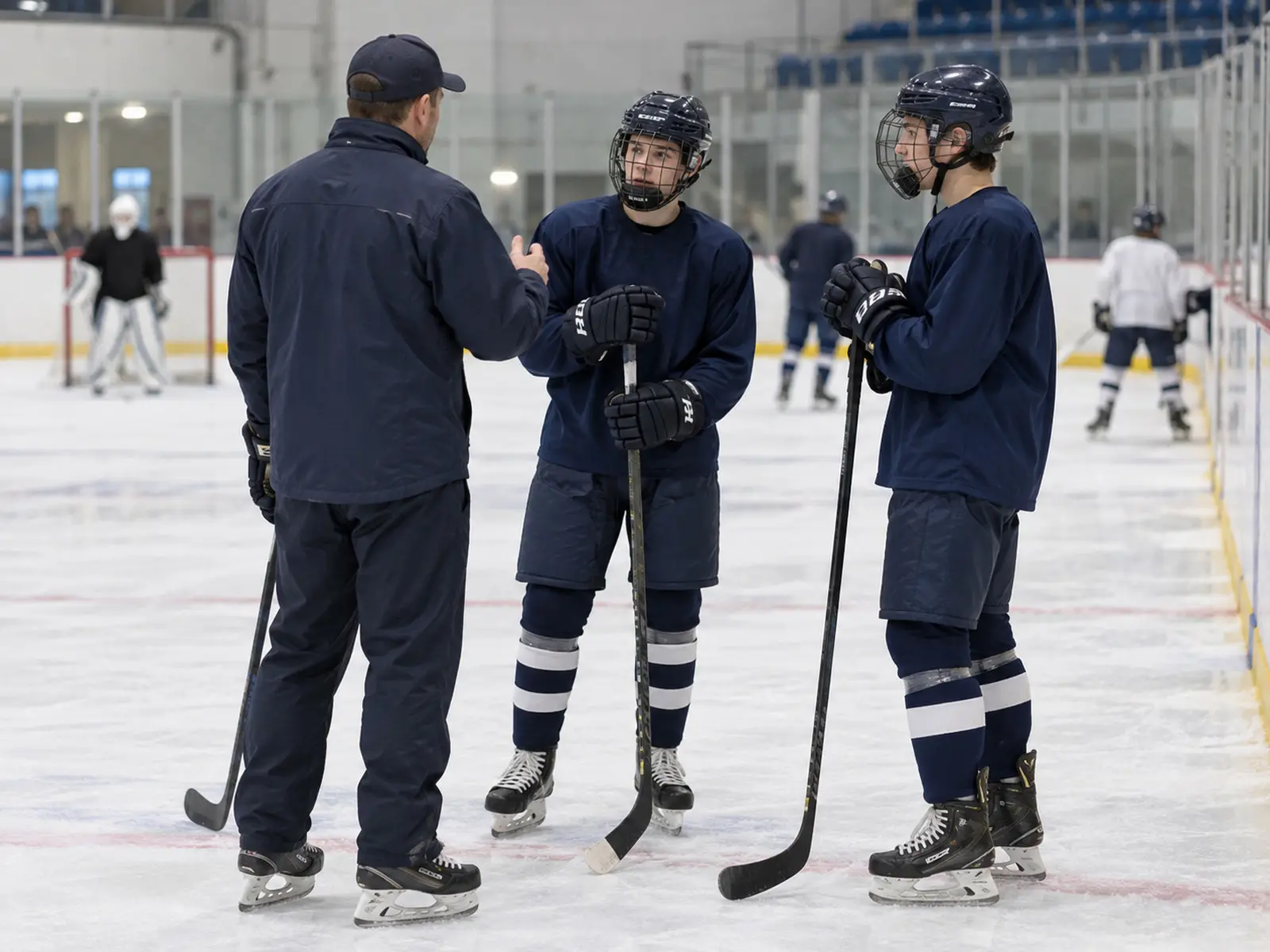 AI-generated editorial illustration of youth ice hockey coaching; not Corey Neilson or the real Great Britain squad