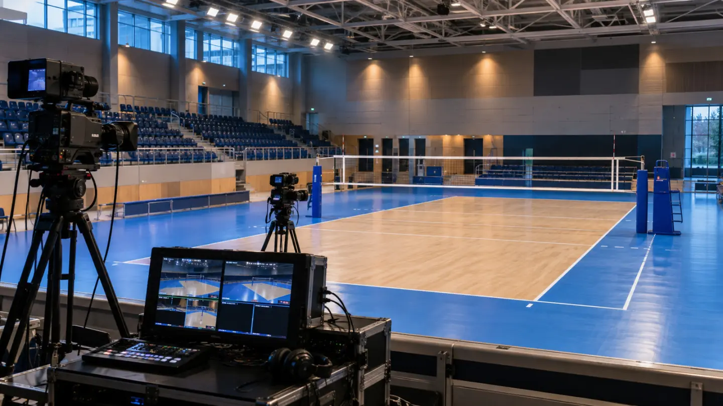 AI-generated editorial illustration of conceptual volleyball broadcast setup; not the actual VolleyVision setup or footage