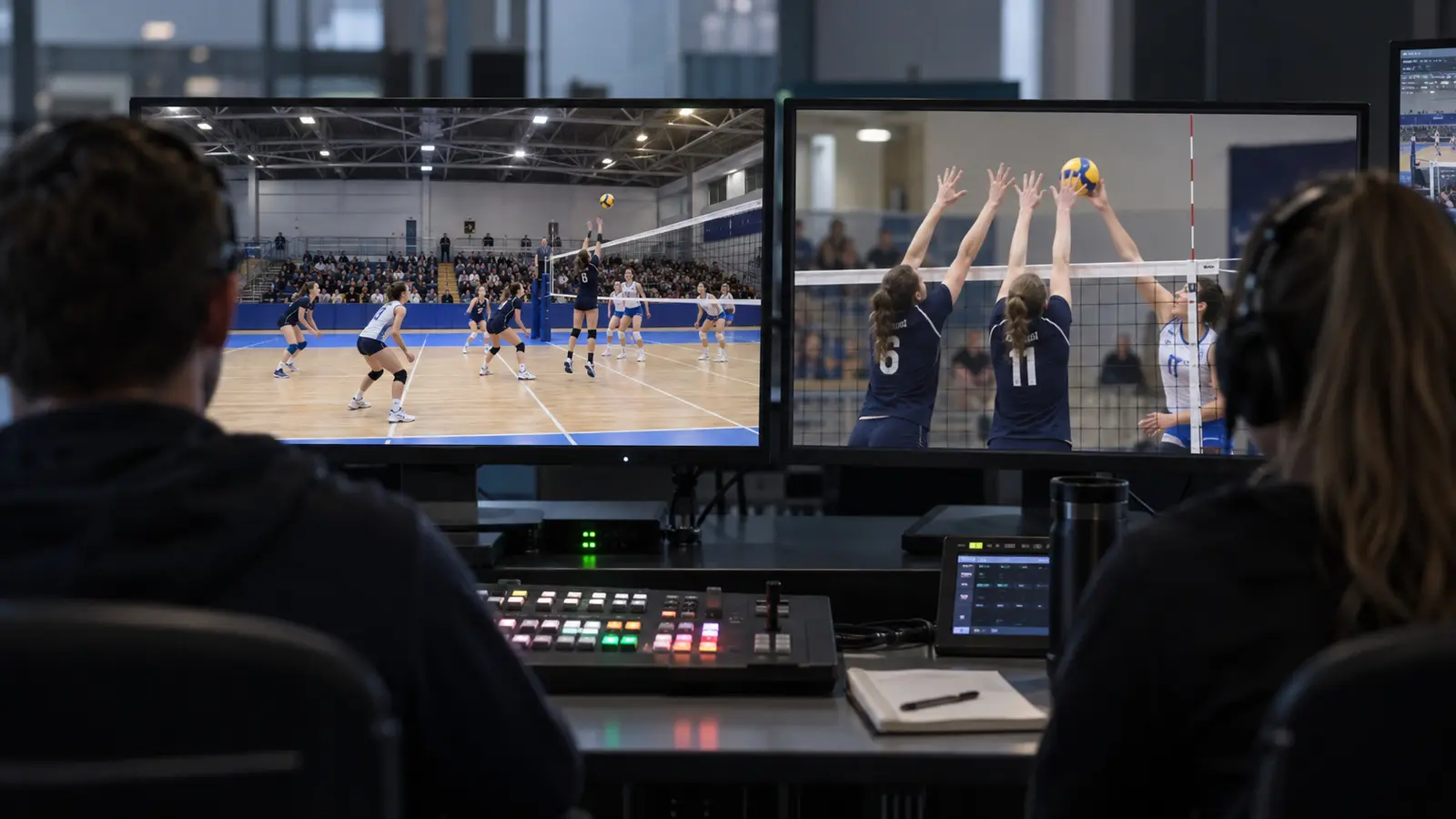 AI-generated editorial illustration of conceptual volleyball production room; not the actual VolleyVision setup or footage