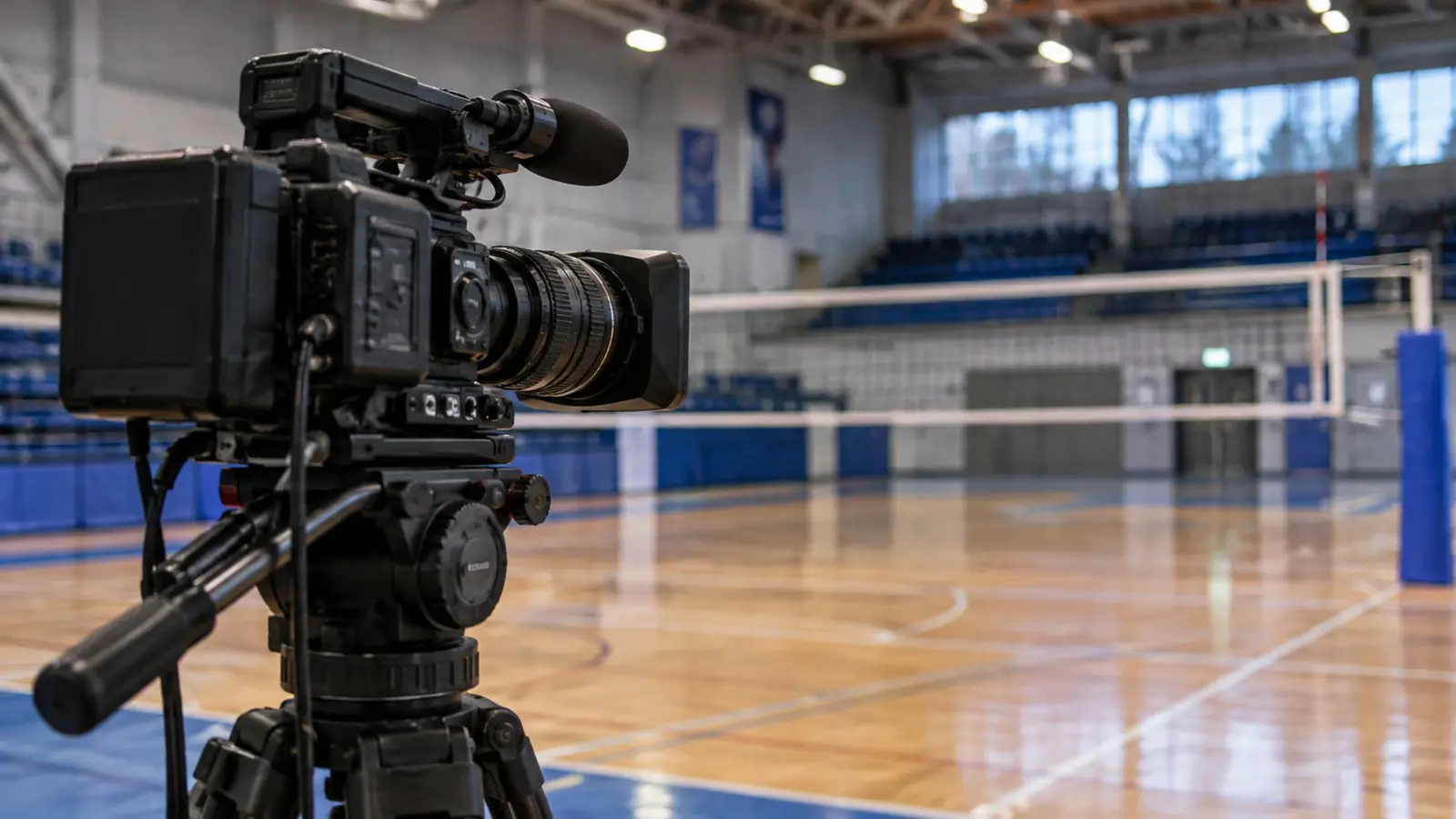 AI-generated editorial illustration of volleyball broadcast camera concept; not the actual VolleyVision setup or footage