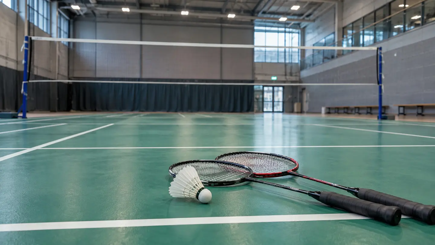 AI-generated editorial illustration of conceptual badminton court for east of scotland junior championships; not the actual event or named players