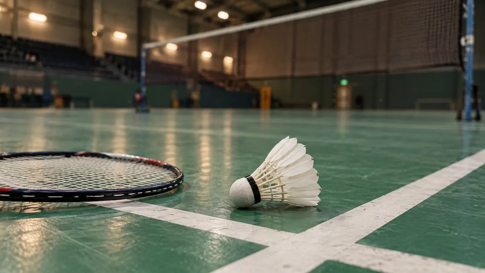 AI-generated editorial illustration of badminton shuttlecock and racket concept; not the actual event or named players