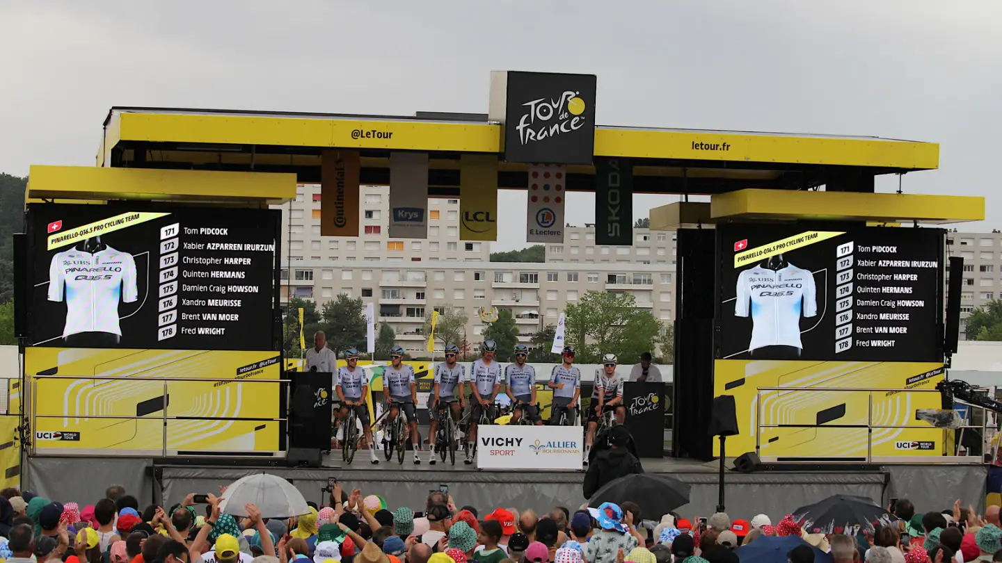 Pinarello-Q36.5 team at the 2026 Tour de France presentation in an archive photograph