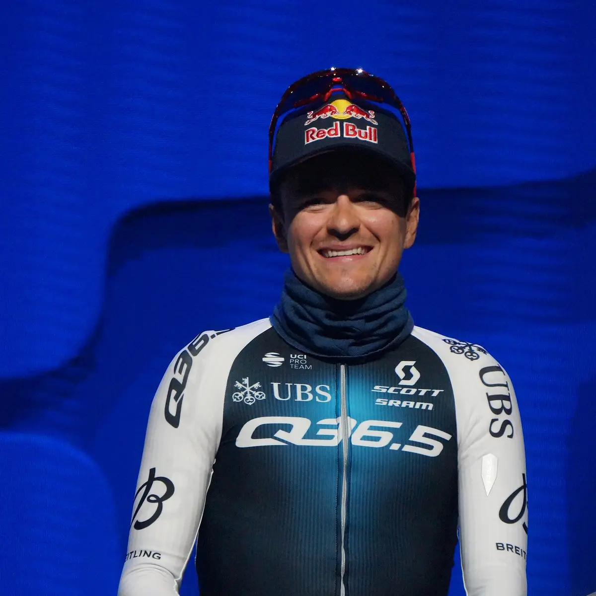 Tom Pidcock at a 2025 team presentation in an archive photograph