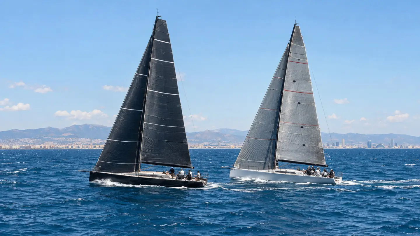 AI-generated editorial illustration of conceptual tp52 racing yachts near valencia; not the actual race or boats
