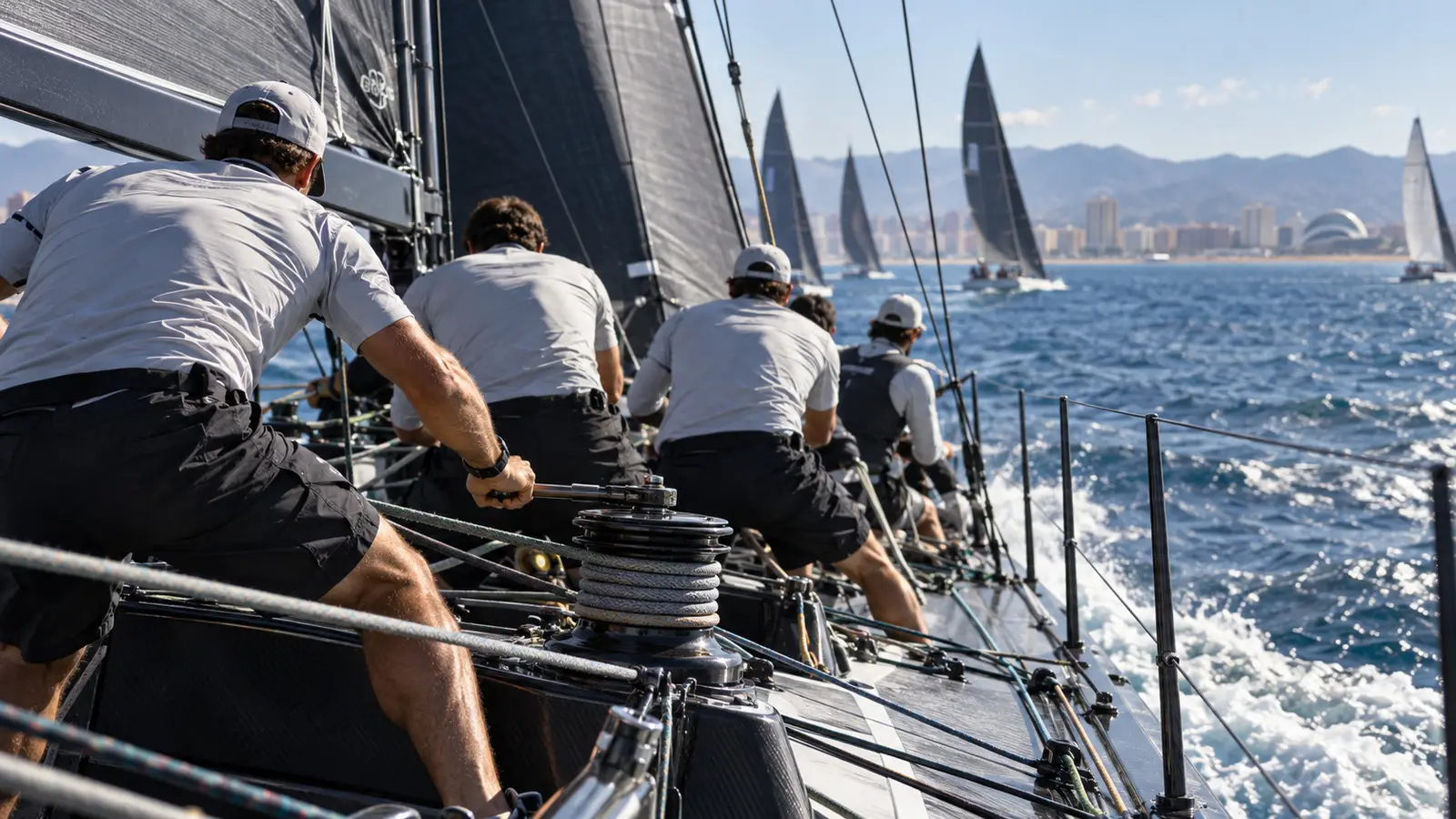 AI-generated editorial illustration of conceptual racing yacht crew off valencia; not the actual race or boats