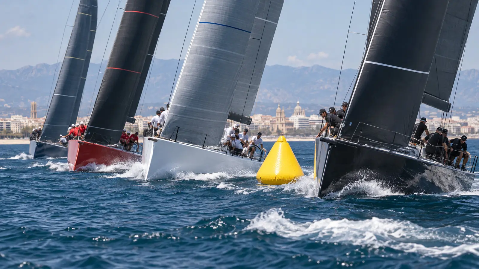 AI-generated editorial illustration of conceptual tp52 fleet at a mark; not the actual race or boats