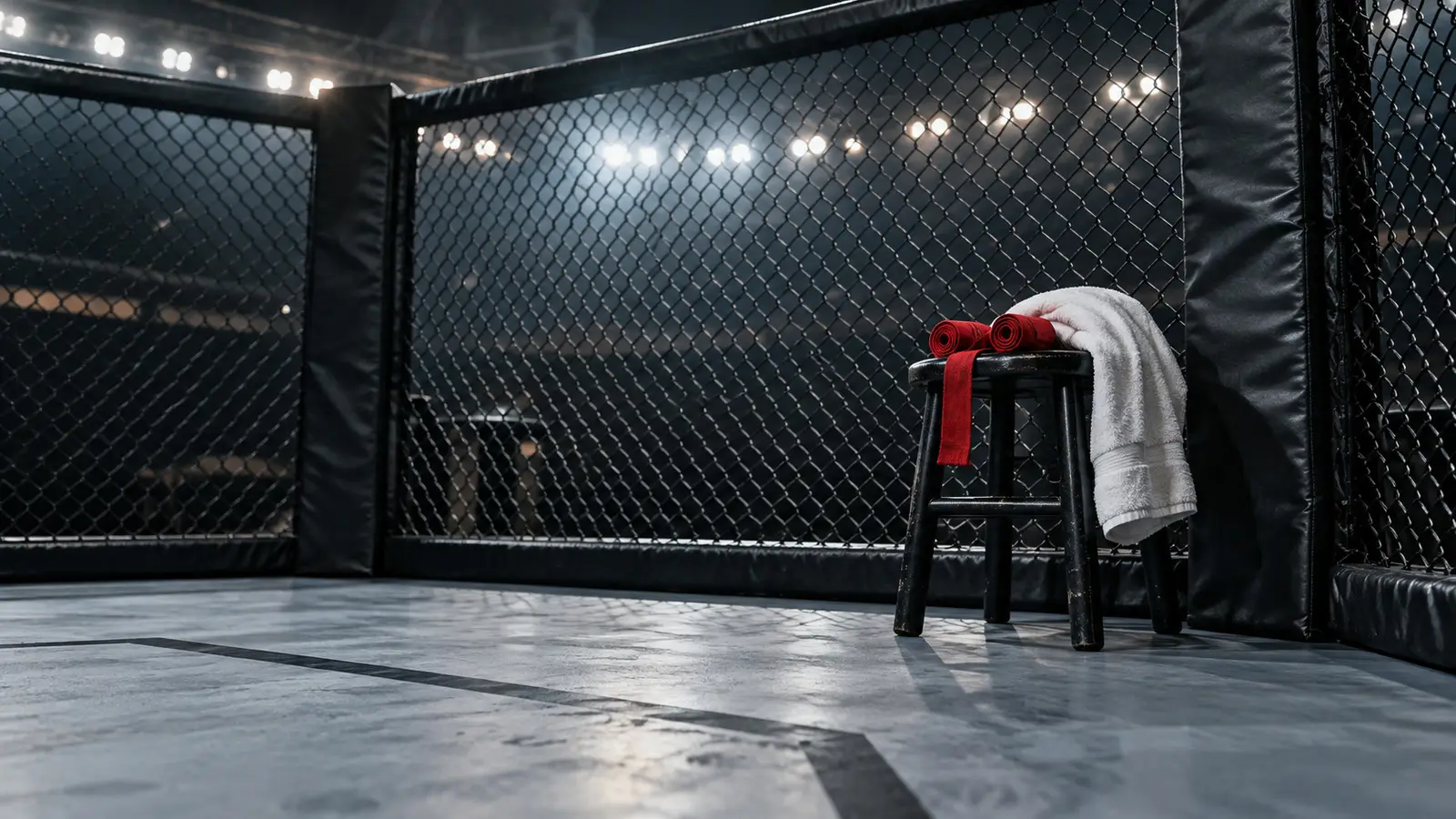 AI-generated editorial illustration of conceptual mma cage corner; not the actual fight or fighters