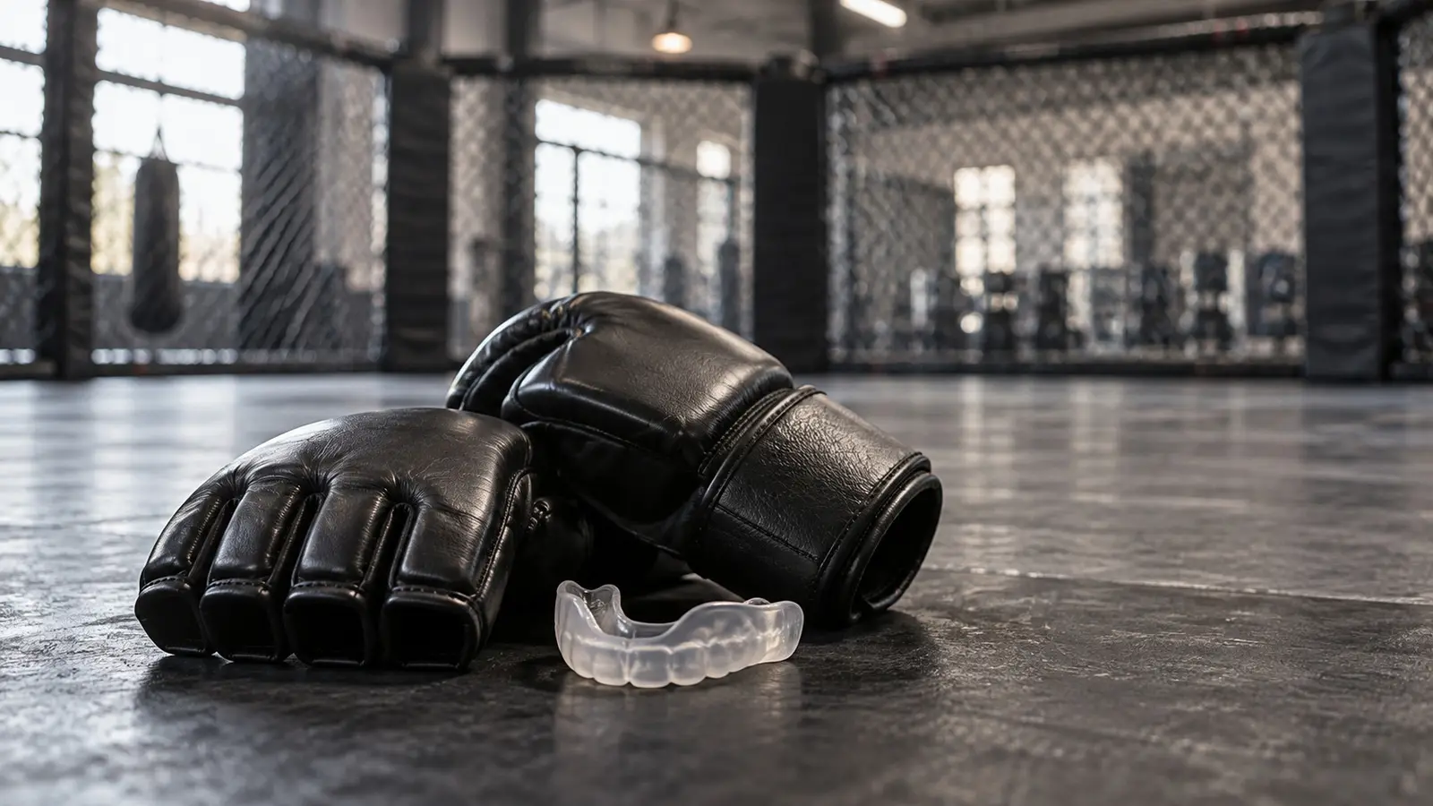 AI-generated editorial illustration of mma gloves and mouthguard concept; not the actual fight or fighters