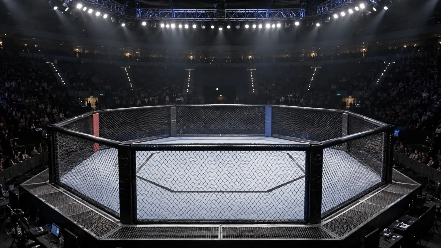 AI-generated editorial illustration of conceptual mma arena before a main event; not the actual fight or fighters