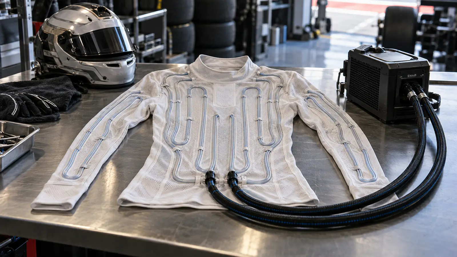 AI-generated editorial illustration of a racing driver cooling top; not actual Mercedes equipment