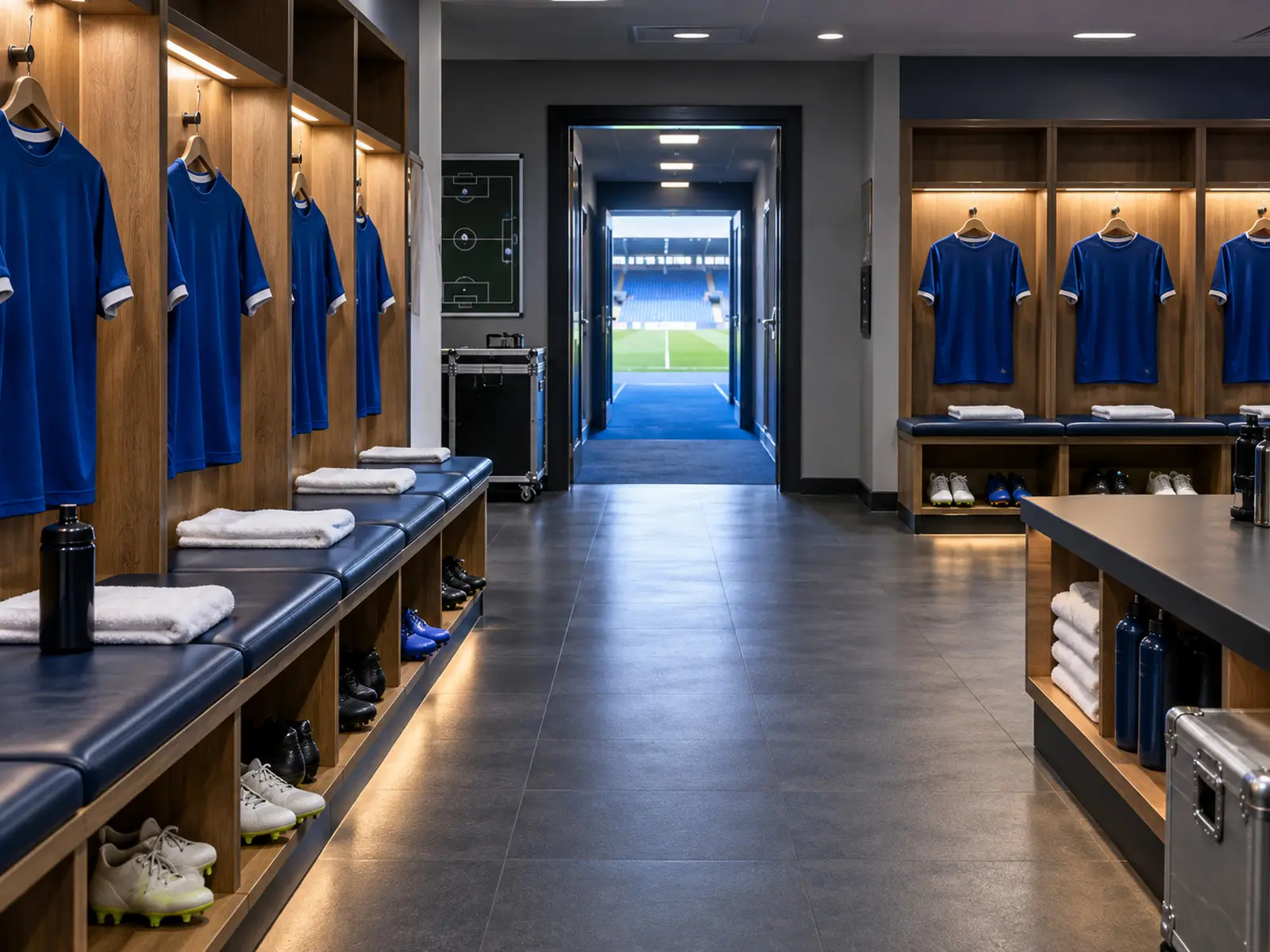 AI-generated editorial concept of a blue football dressing room; not Everton’s actual facilities