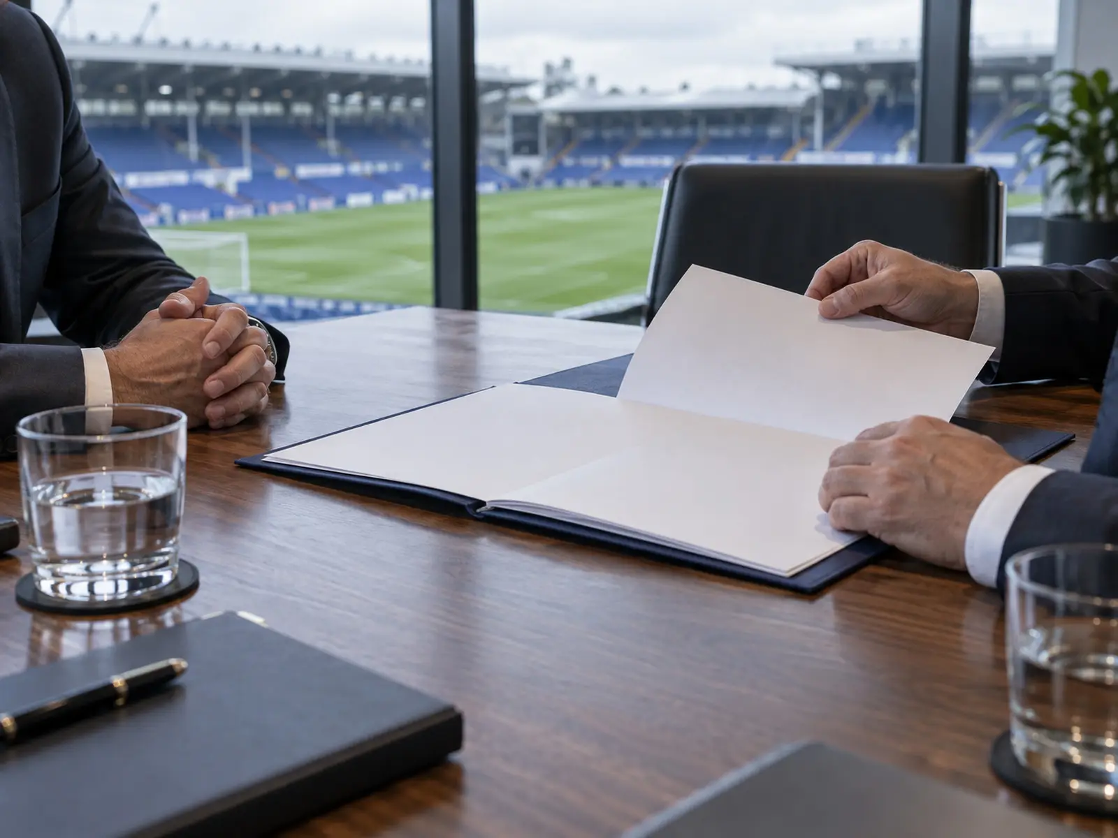 AI-generated editorial concept of an anonymous football club investment discussion; not a real Everton meeting