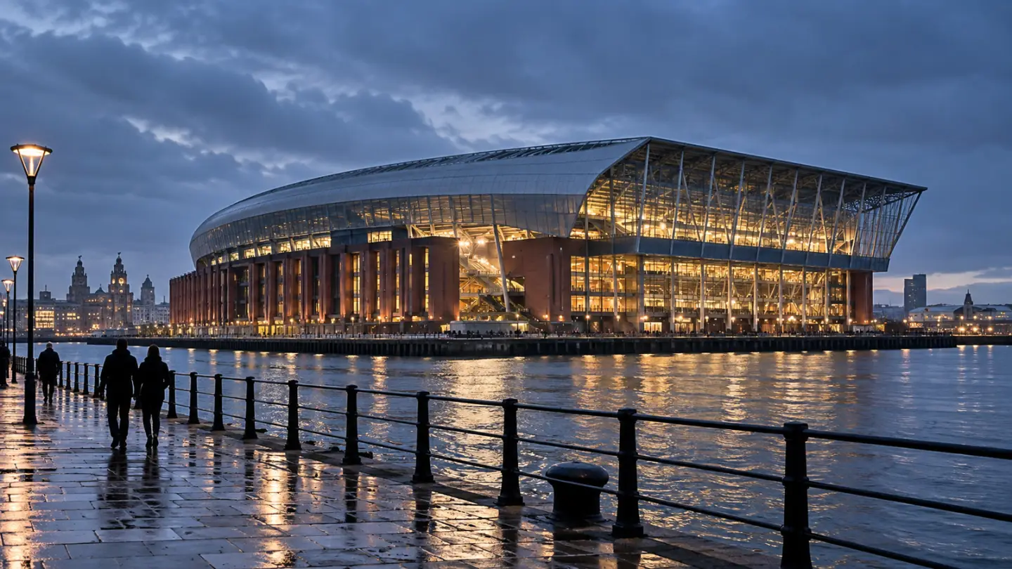 AI-generated editorial concept of a waterfront football stadium; not a photograph of Everton’s actual ground