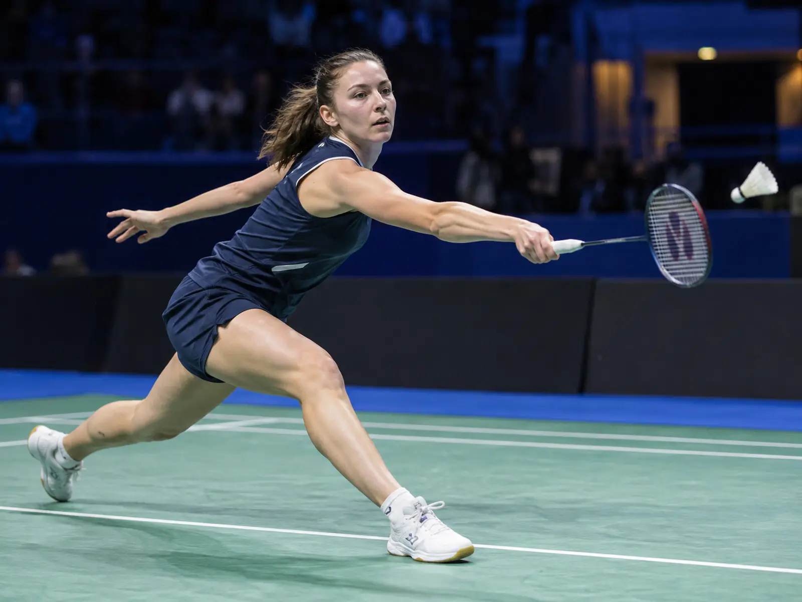 AI-generated editorial badminton singles scene; not Kirsty Gilmour or her actual match