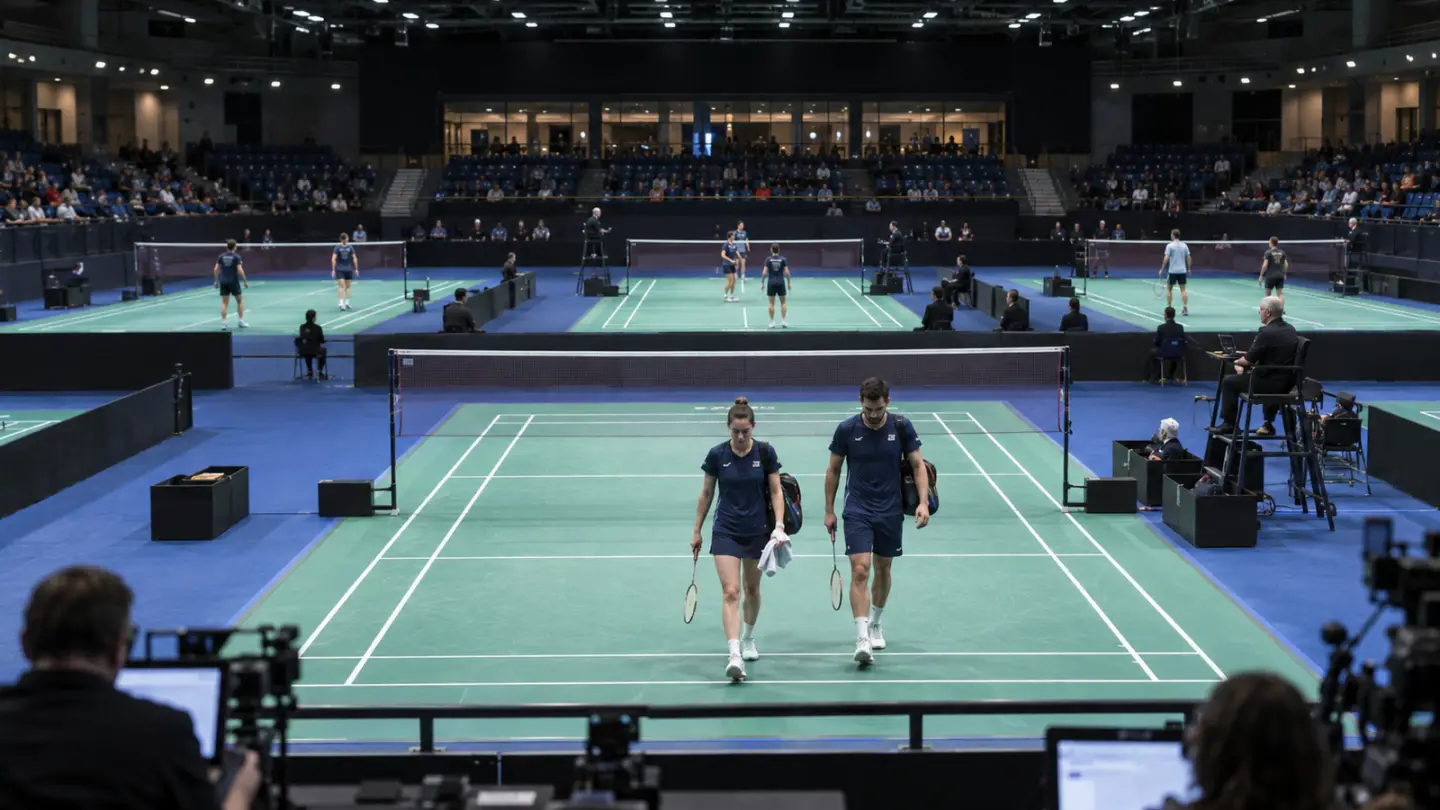 AI-generated editorial illustration of a badminton arena; not the actual Arctic Open event
