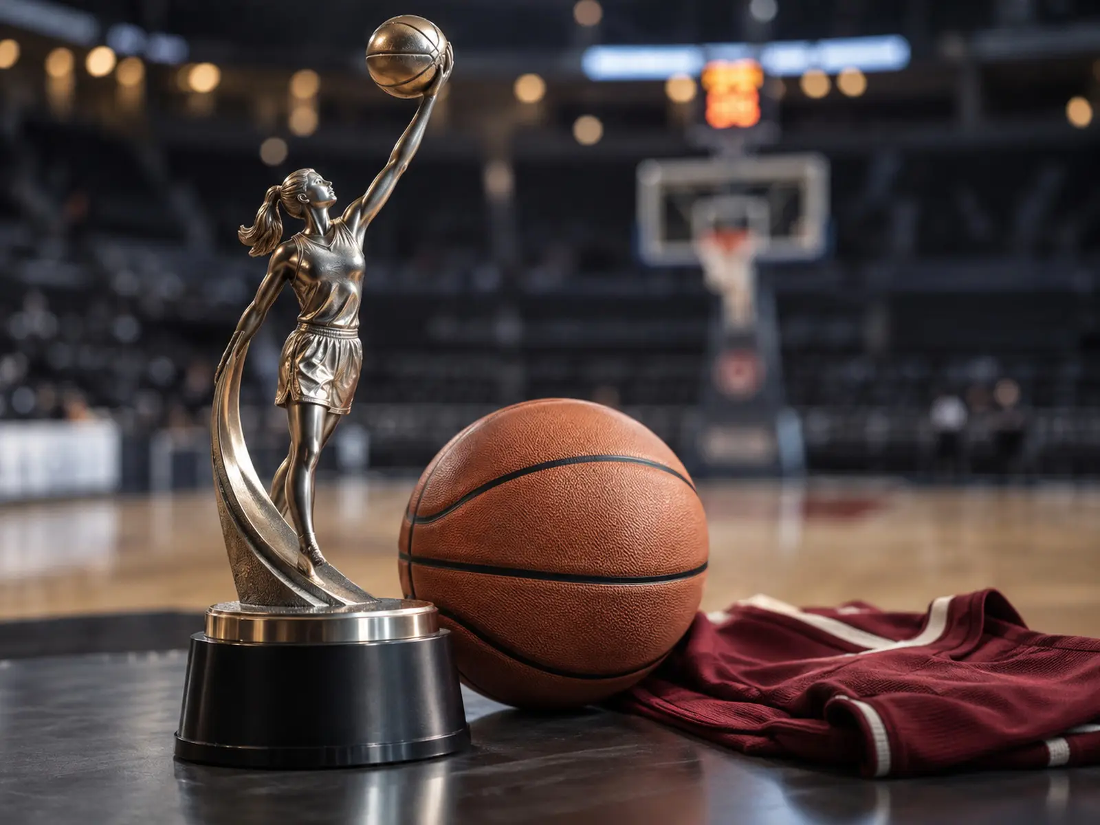 AI-generated conceptual women’s basketball trophy; not the actual WNBA MVP award