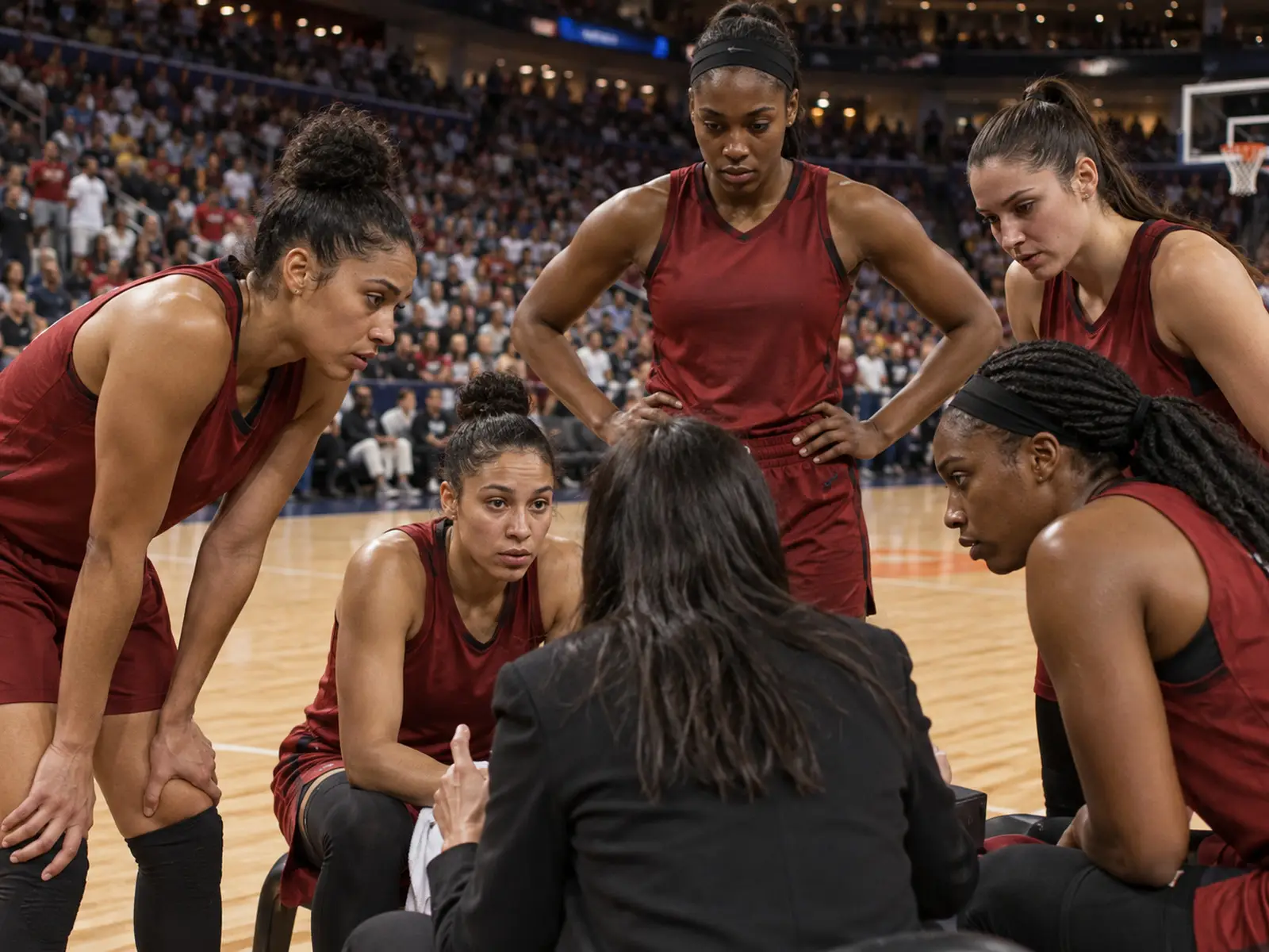 AI-generated conceptual women’s basketball huddle; not the Las Vegas Aces or an actual game