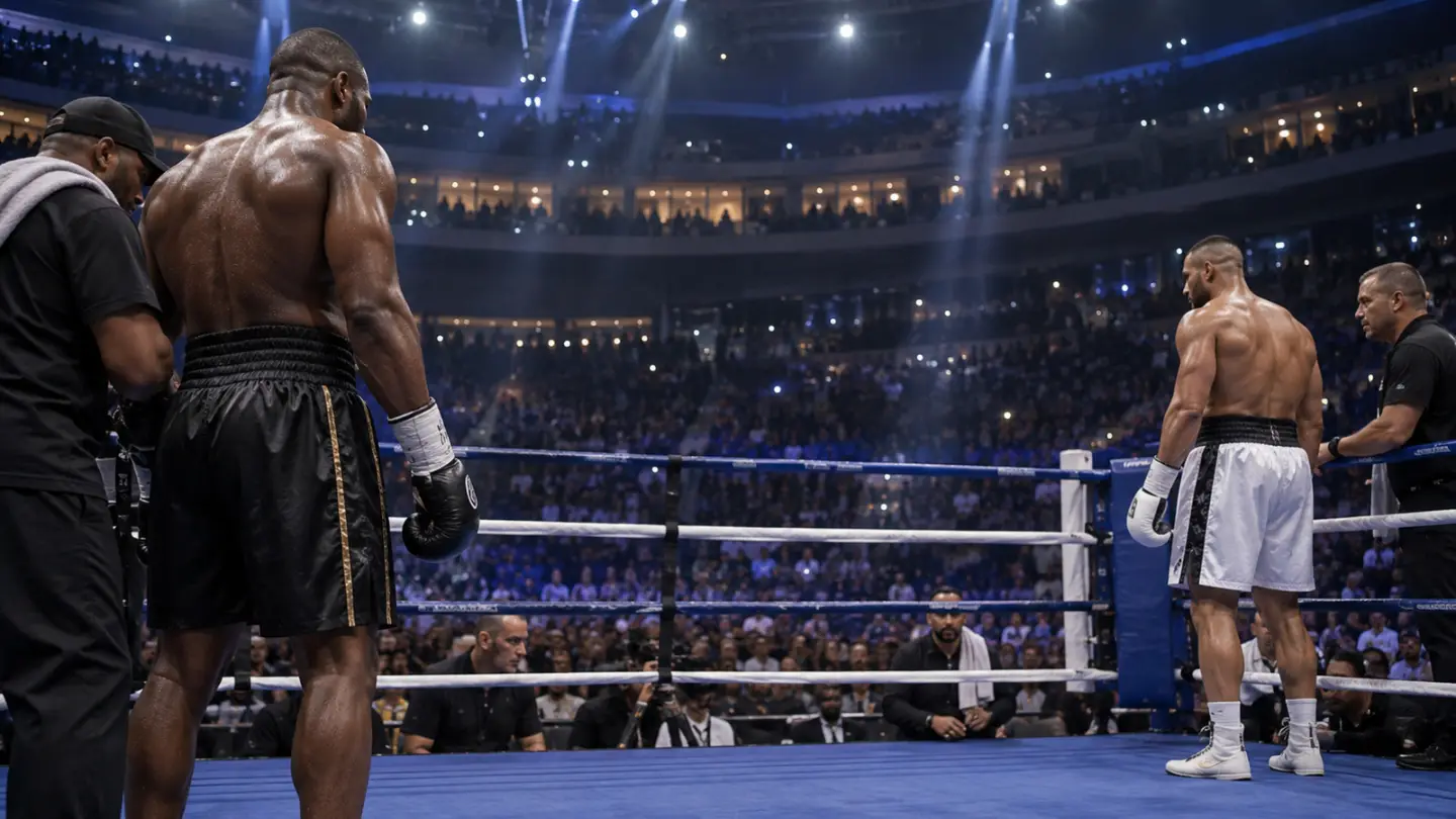 AI-generated editorial boxing scene; not Daniel Dubois, Fabio Wardley or their actual rematch