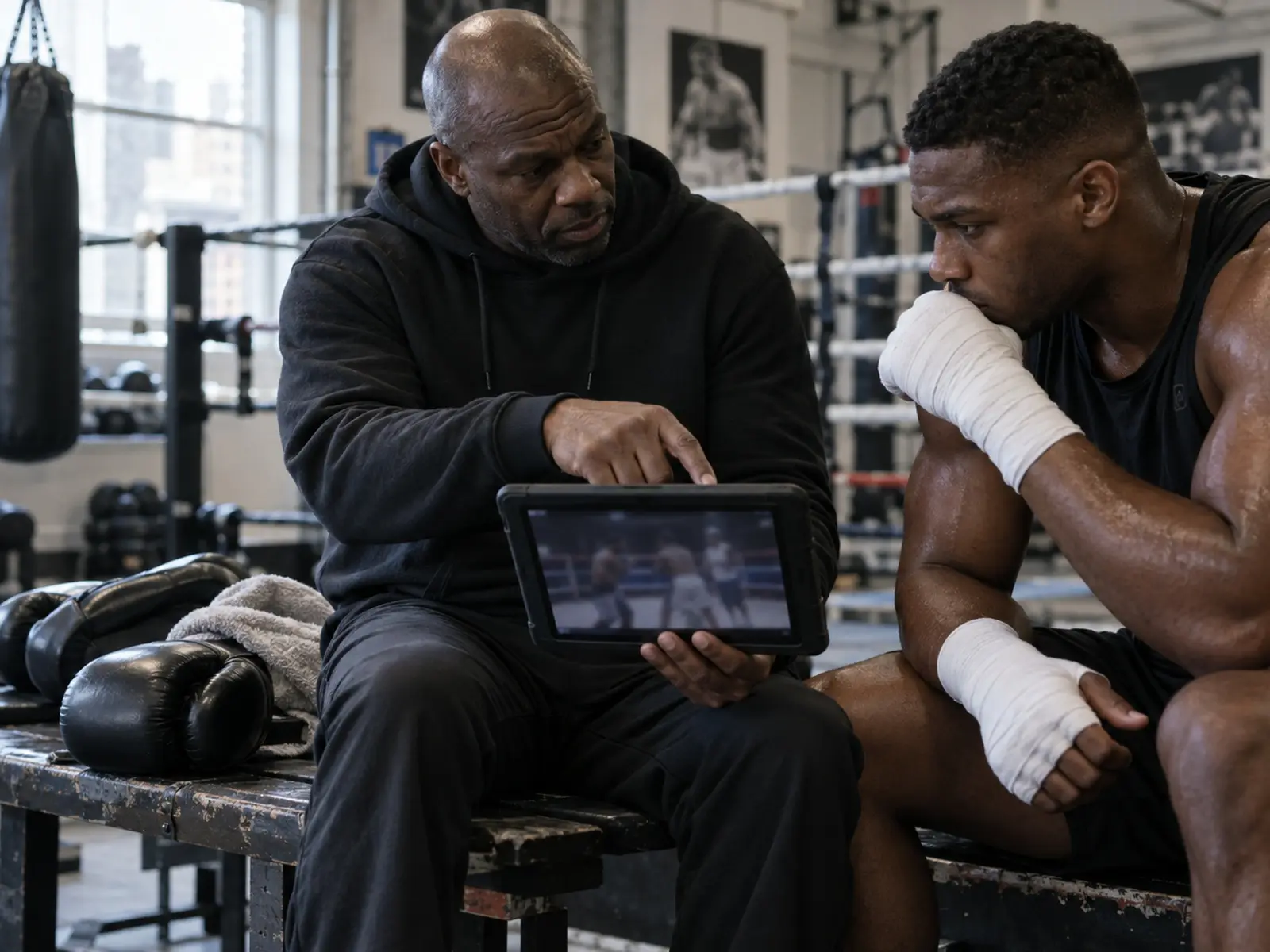 AI-generated editorial concept of a trainer reviewing boxing footage; not Don Charles or Daniel Dubois