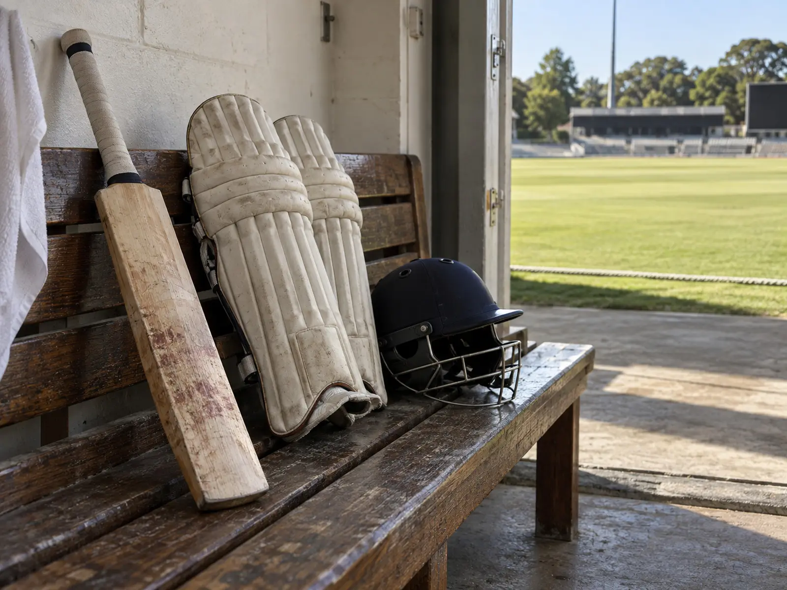 AI-generated editorial still life of cricket equipment; not Nic Maddinson’s actual bat or gear