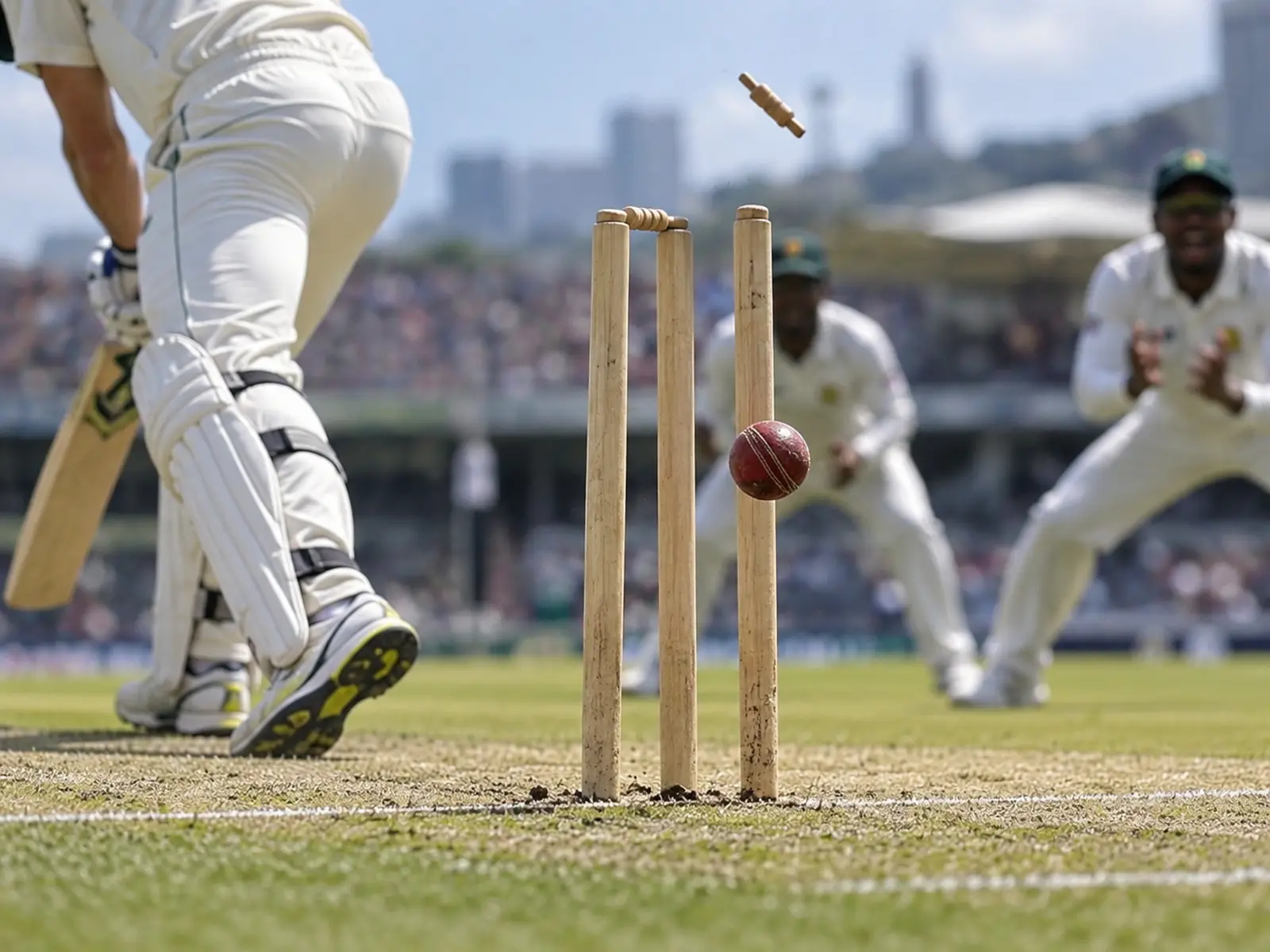 AI-generated editorial illustration of a bowled cricket dismissal; not the actual Maddinson wicket