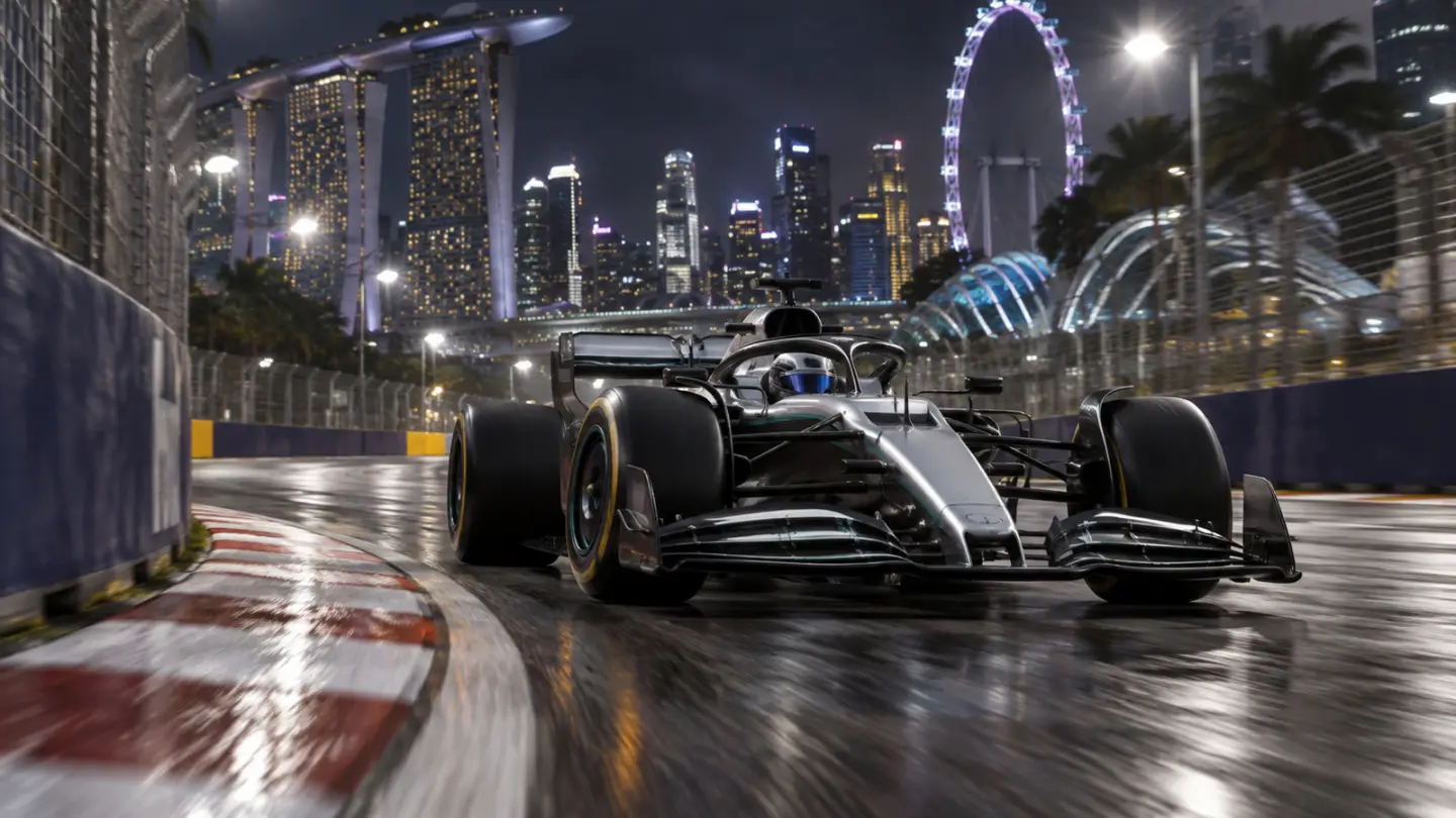 Conceptual Formula 1 car on a floodlit Singapore street circuit