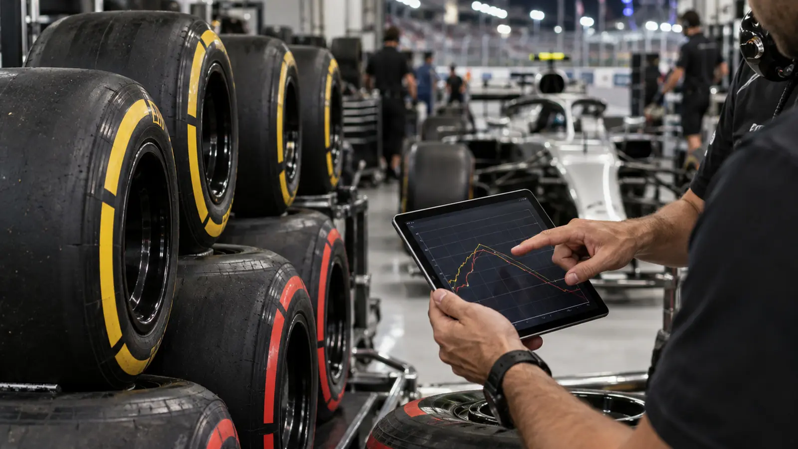 Conceptual Formula 1 garage with tyre sets and strategy tablet