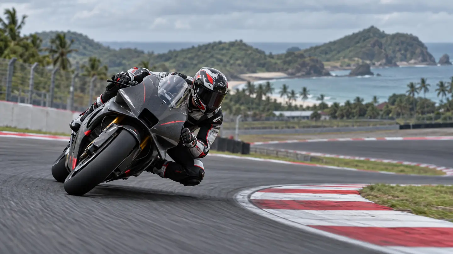 Conceptual motorcycle racer at a Mandalika-style track, not Raul Fernandez