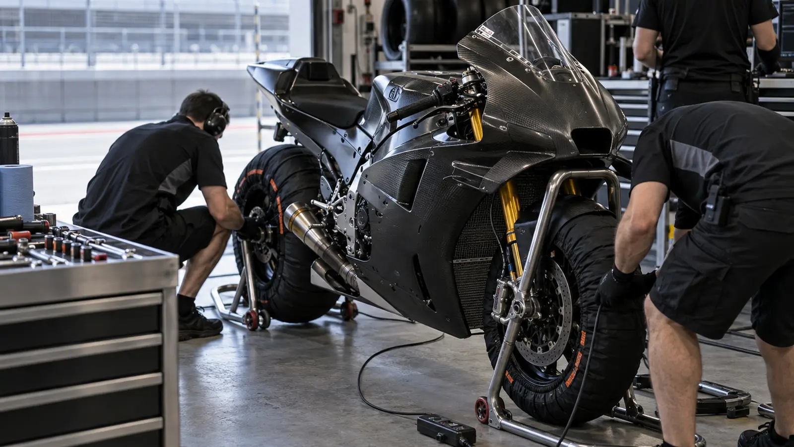 Conceptual MotoGP pit garage, not the 2026 session
