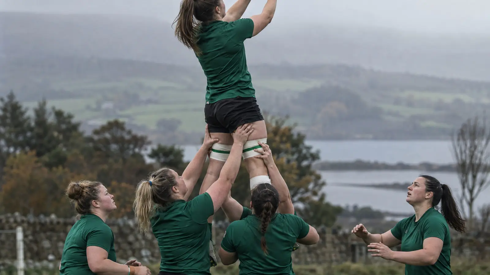 Conceptual women rugby lineout practice, not the Ireland team