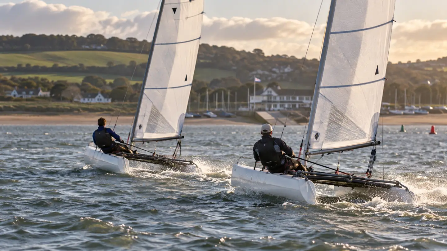 Conceptual Dart 15 catamaran race on a Devon estuary