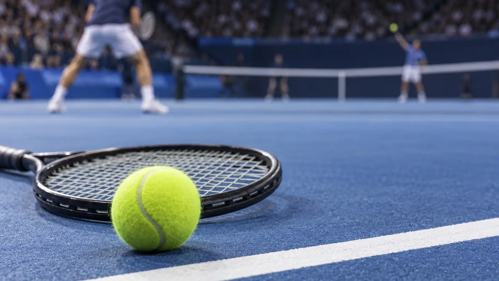 Conceptual tennis ball and racket on a blue hard court