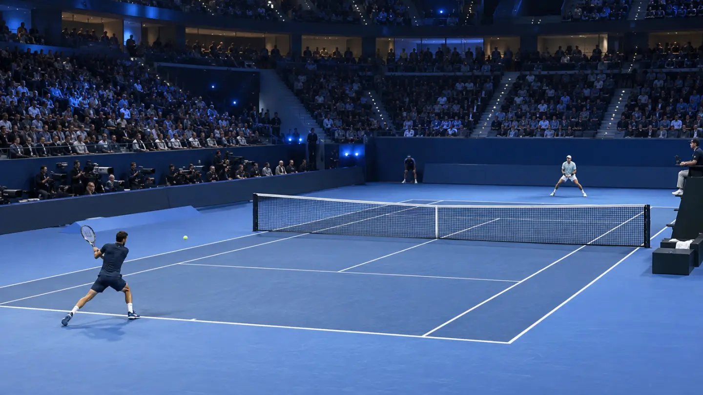 Conceptual indoor hard-court tennis match in a Shanghai-style arena
