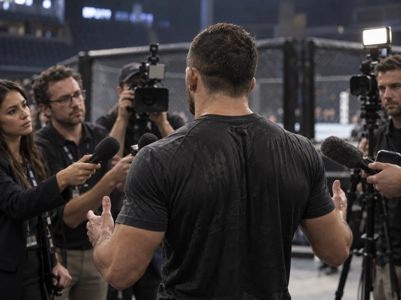 Conceptual image of an anonymous MMA fighter speaking to reporters