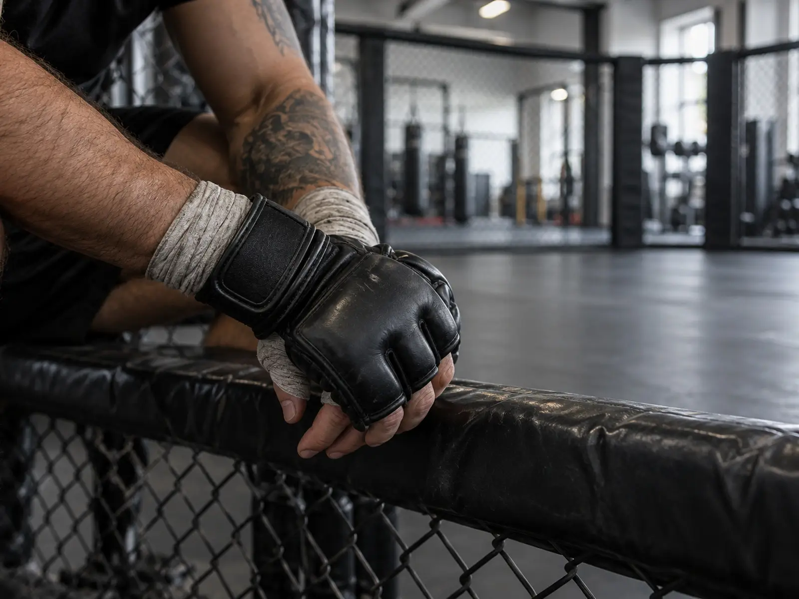 Conceptual close-up of an anonymous MMA fighter’s gloves during training