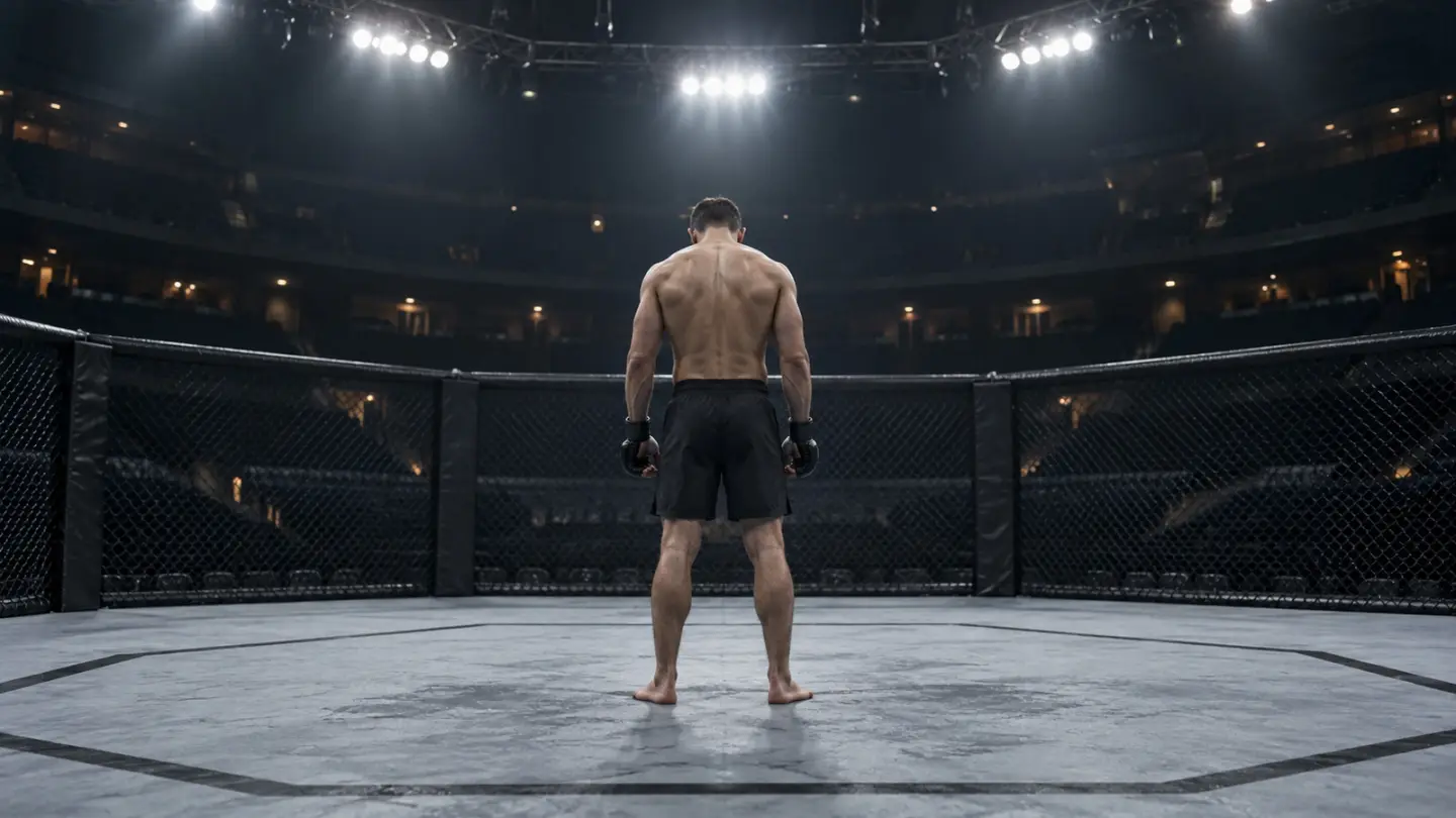 Conceptual image of an anonymous MMA fighter in an empty cage