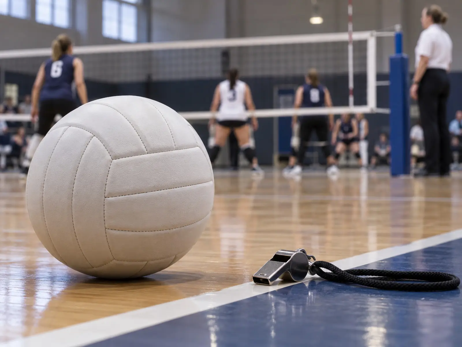 Conceptual image of a volleyball and referee whistle at an indoor court
