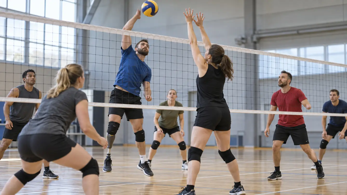 Conceptual image of an anonymous standing para-volleyball practice