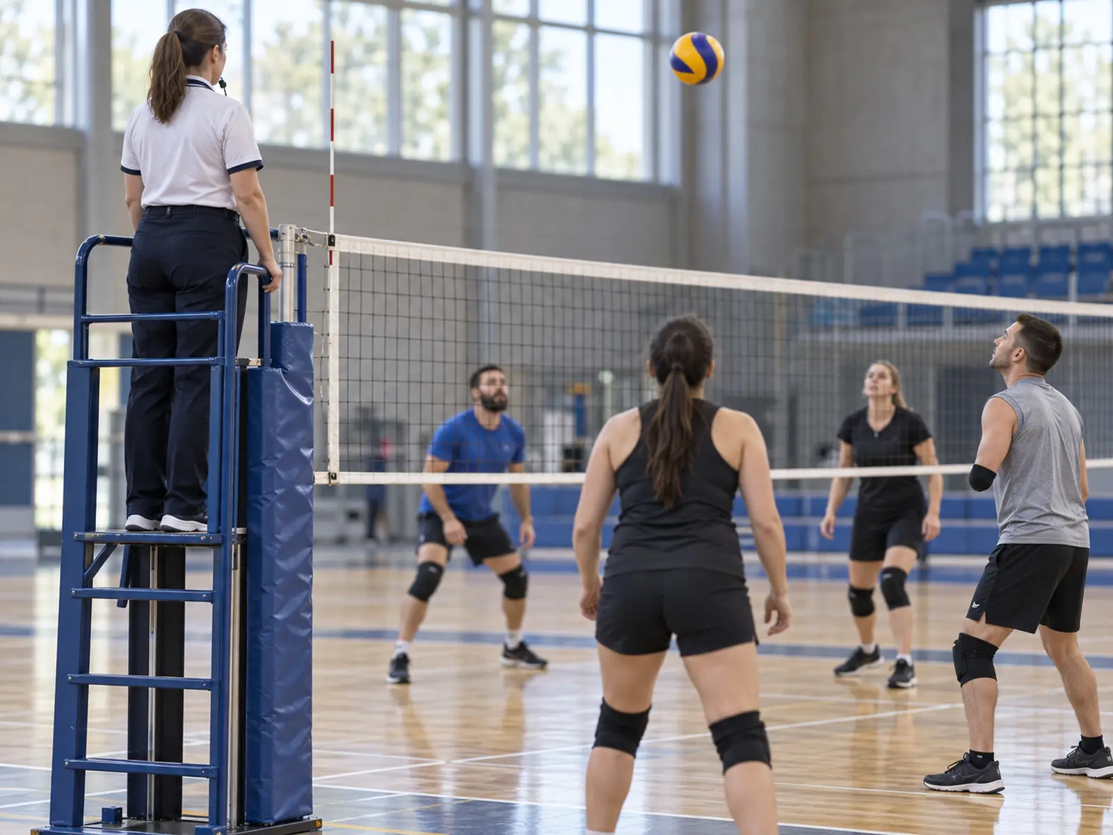 Conceptual image of an anonymous referee at a standing para-volleyball practice