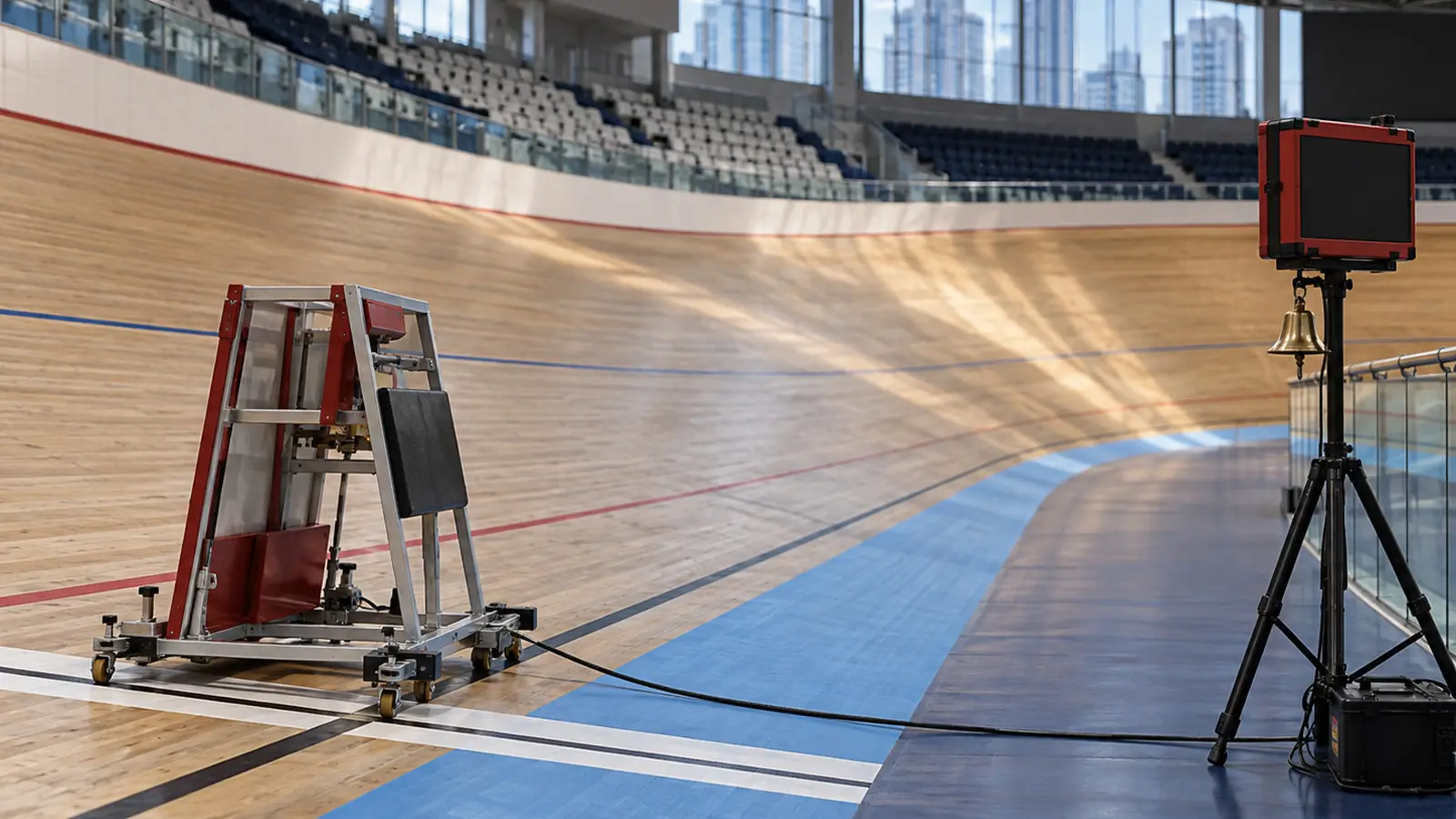 Conceptual velodrome starting gate before competition