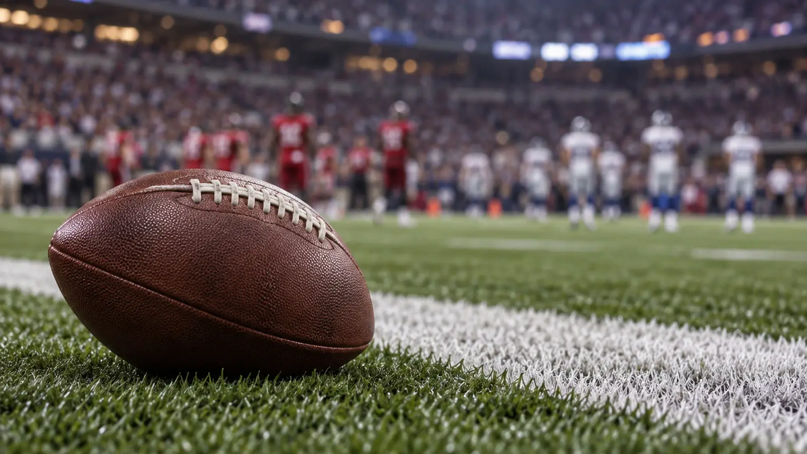 Conceptual American football beside a stadium sideline