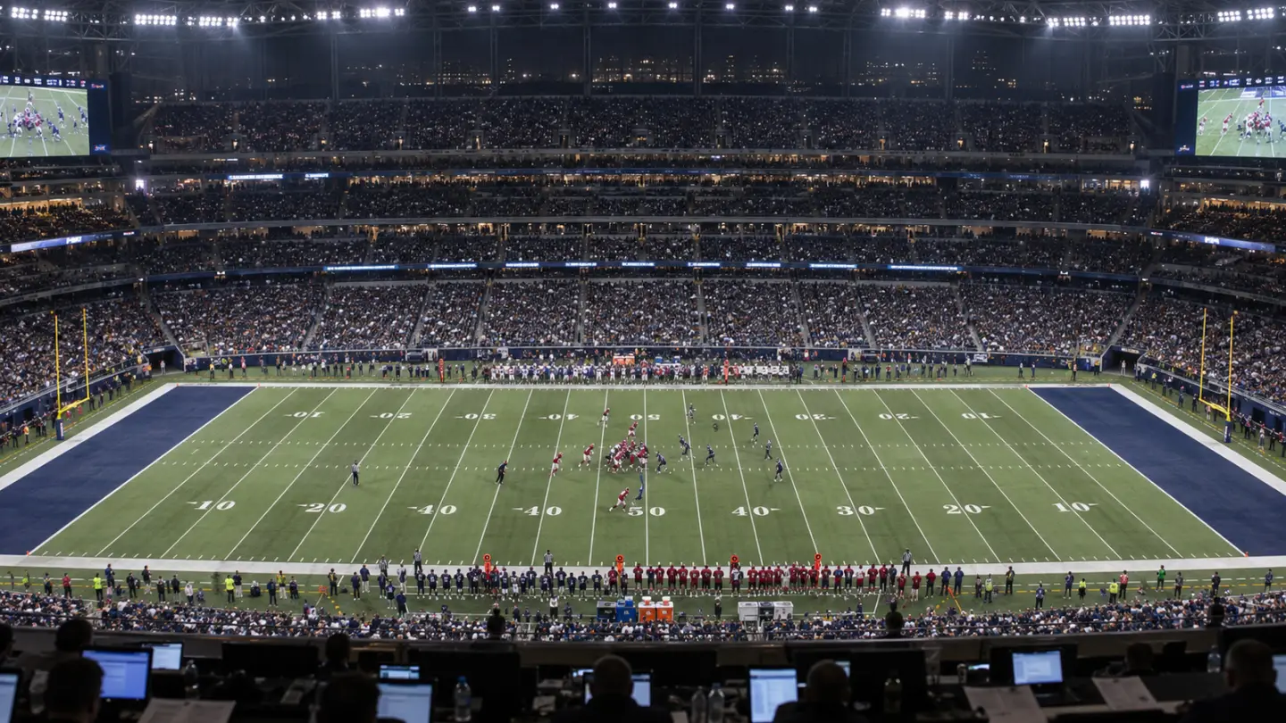 Conceptual American football game in an indoor stadium, not Buccaneers v Cowboys