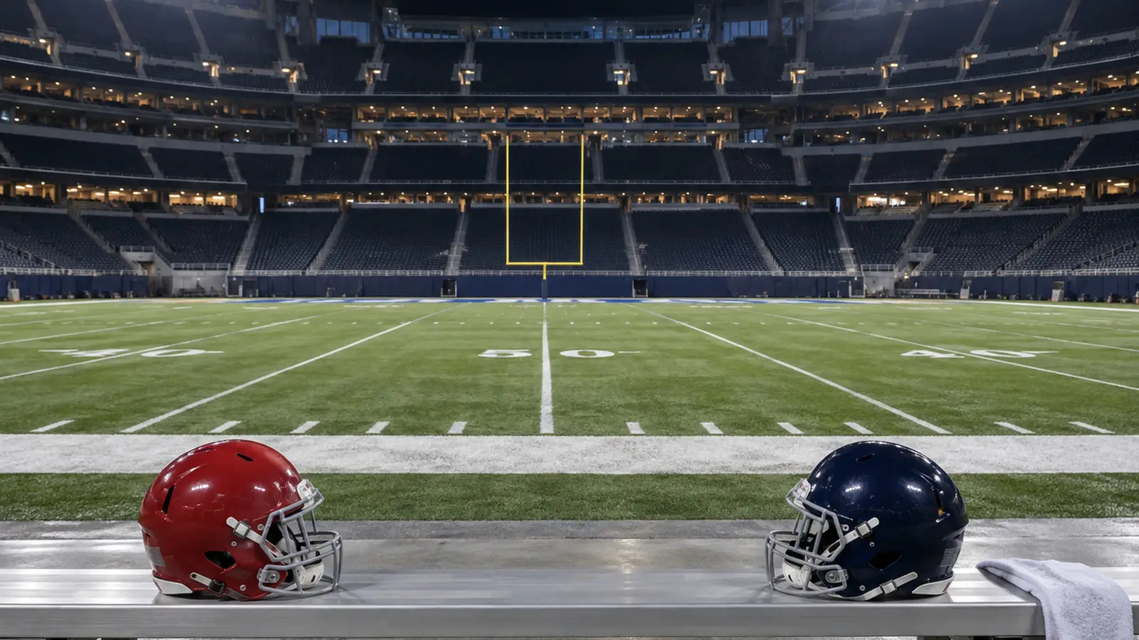 Conceptual empty indoor American football stadium after a game