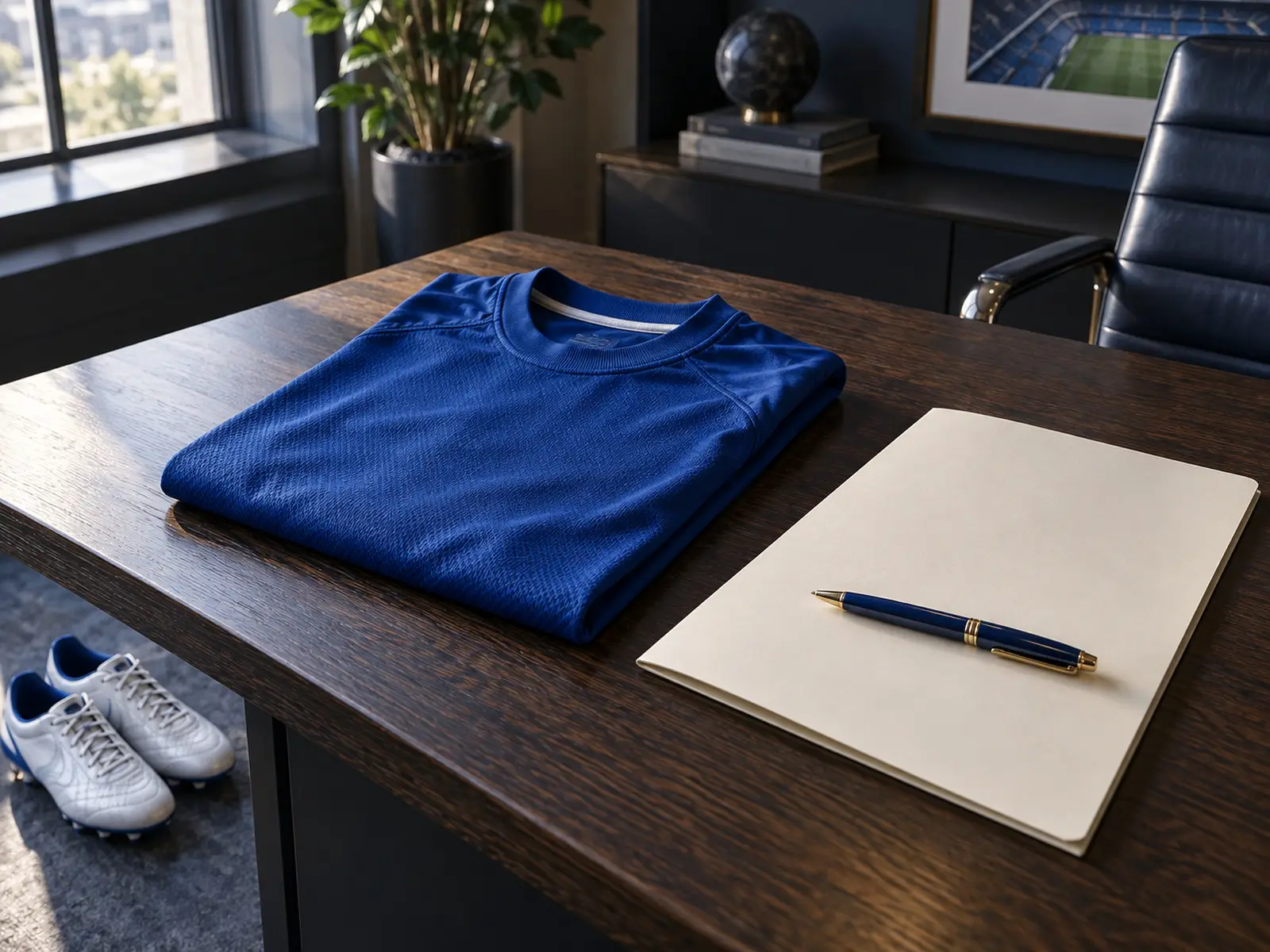 AI-generated conceptual illustration of a blue football shirt, document folder and pen; not Cole Palmer or his actual signing