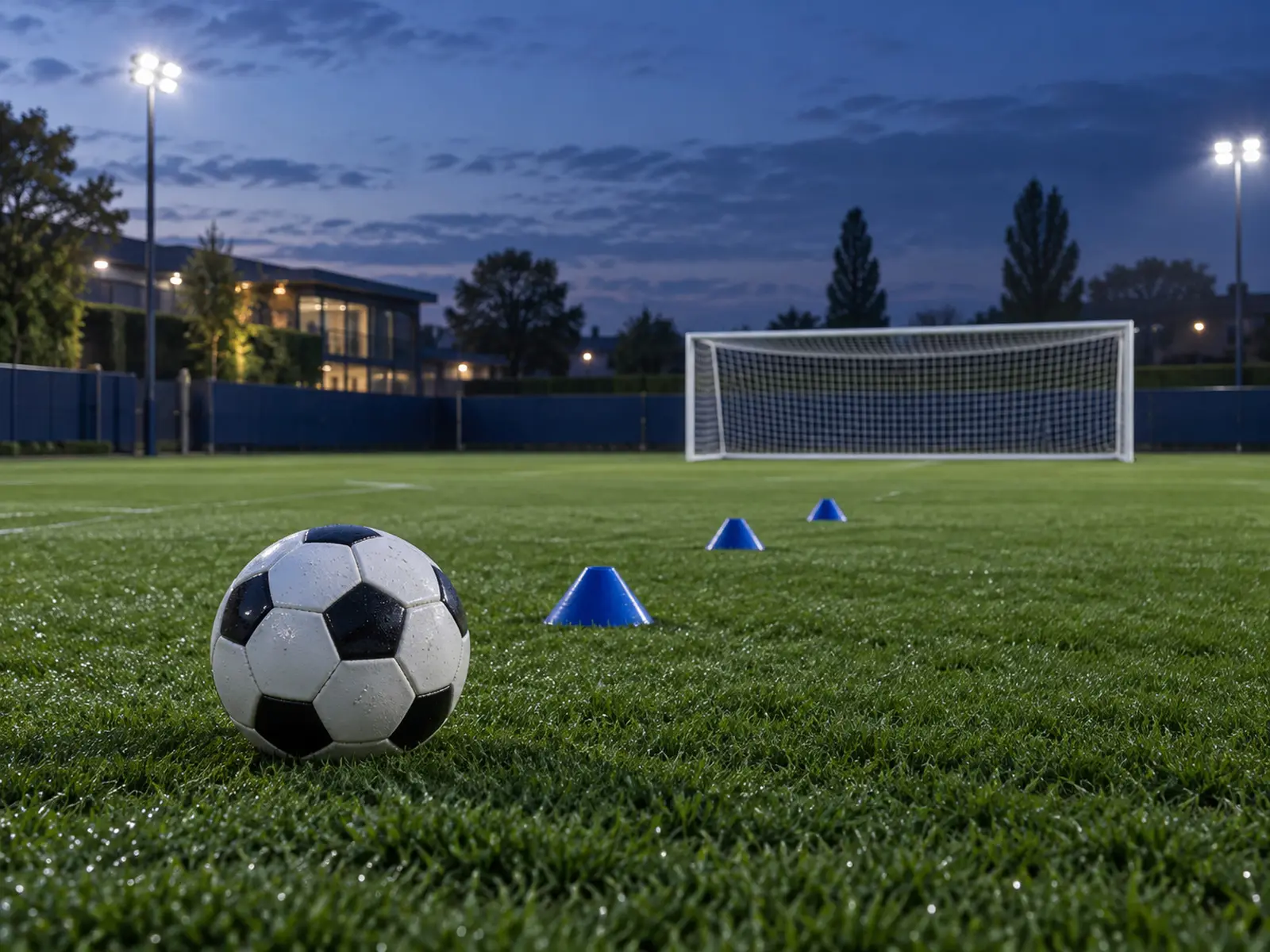 AI-generated conceptual illustration of football training equipment under floodlights; not an actual Chelsea training session